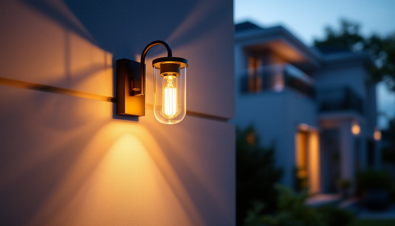 A photograph of a stylish wall-mounted exterior light fixture illuminated at dusk