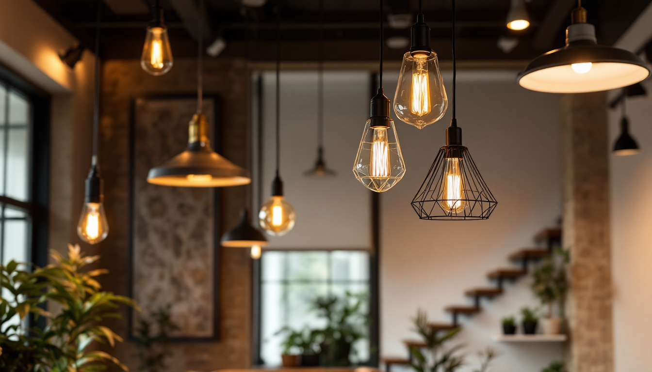 A photograph of a stylish commercial space featuring a variety of pendant lights in different designs and settings
