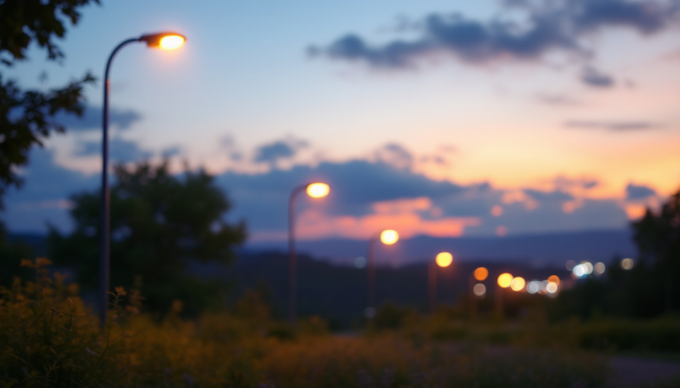 A photograph of a serene outdoor scene illuminated by dusk-until-dawn lighting
