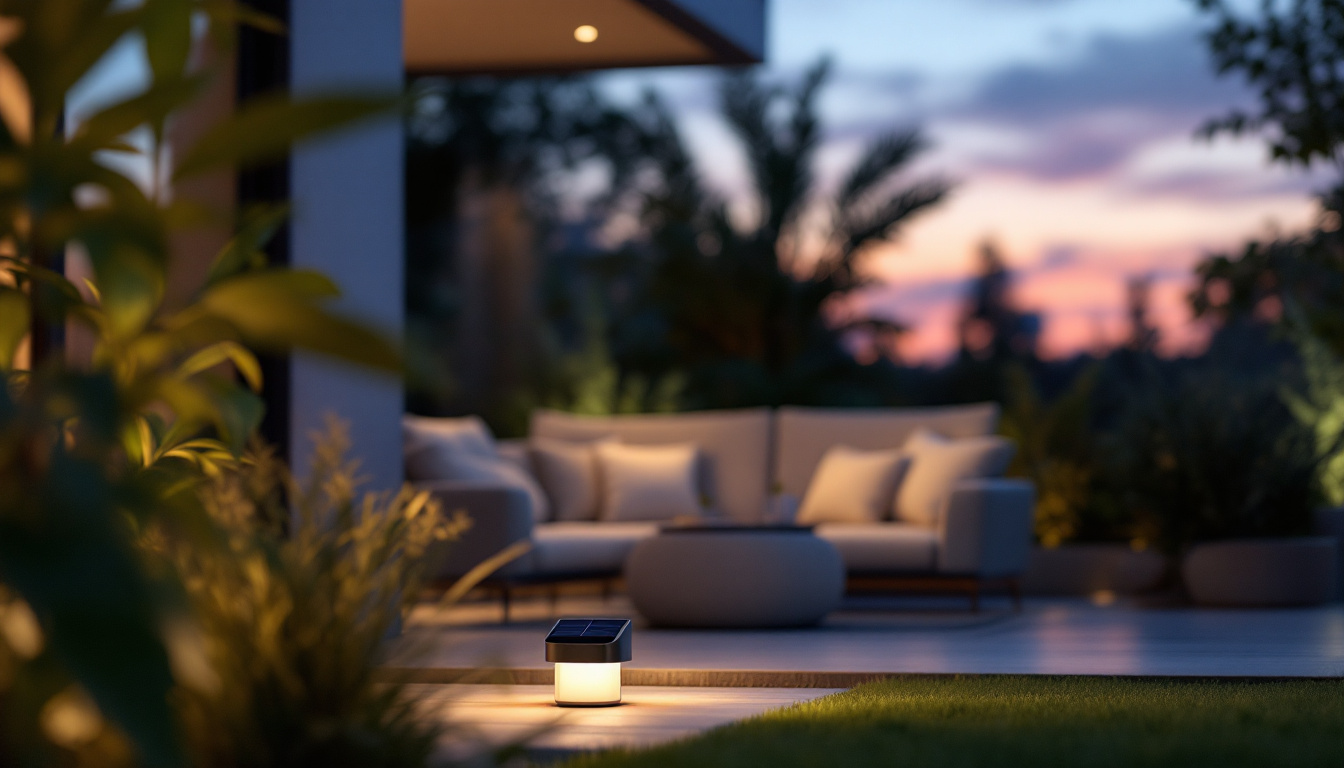 A photograph of a stylish solar-powered lamp illuminating a contemporary outdoor space during twilight