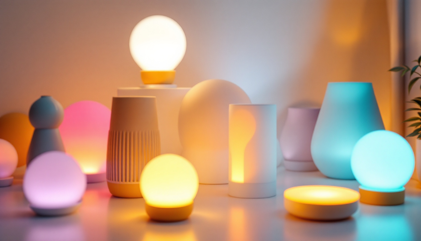 A photograph of a close-up shot of various led light bases in different styles and colors