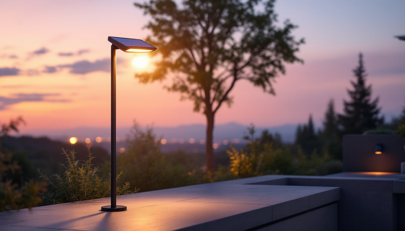 A photograph of a beautifully lit outdoor space featuring a stylish solar pole lamp at dusk