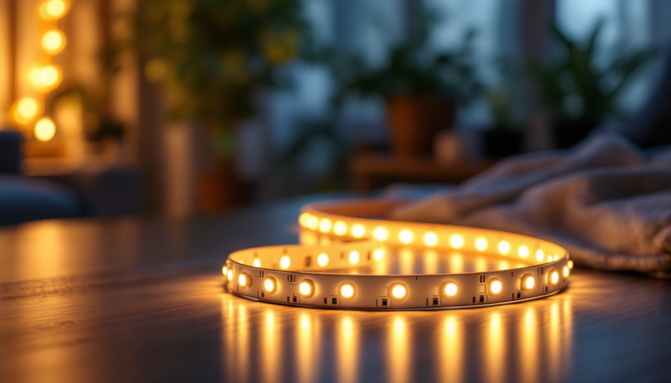 A photograph of capture a photograph of a beautifully arranged magnetic led light strip illuminating a cozy indoor space