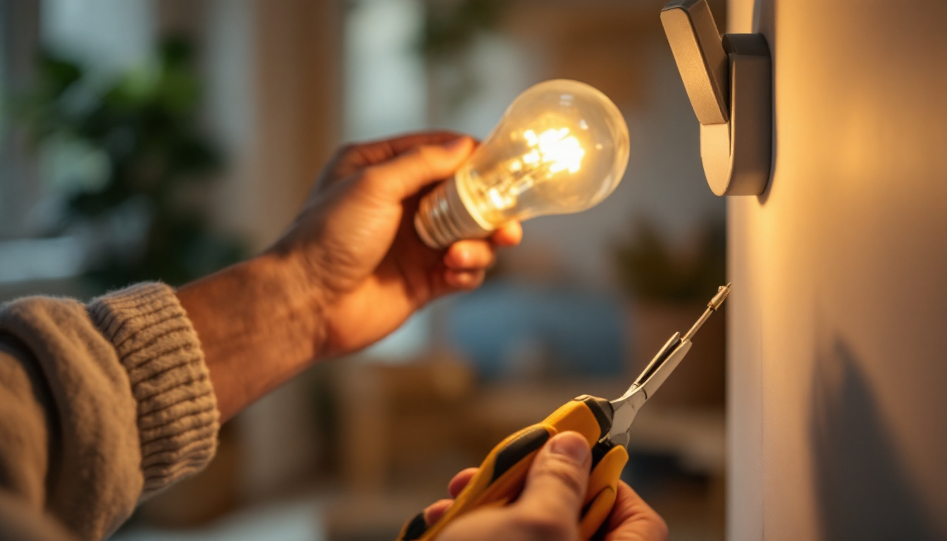 A photograph of a close-up shot of a hand replacing a light bulb in a home setting