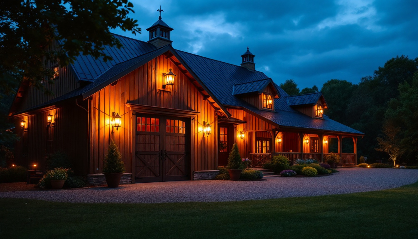 A photograph of a beautifully illuminated barn exterior at dusk