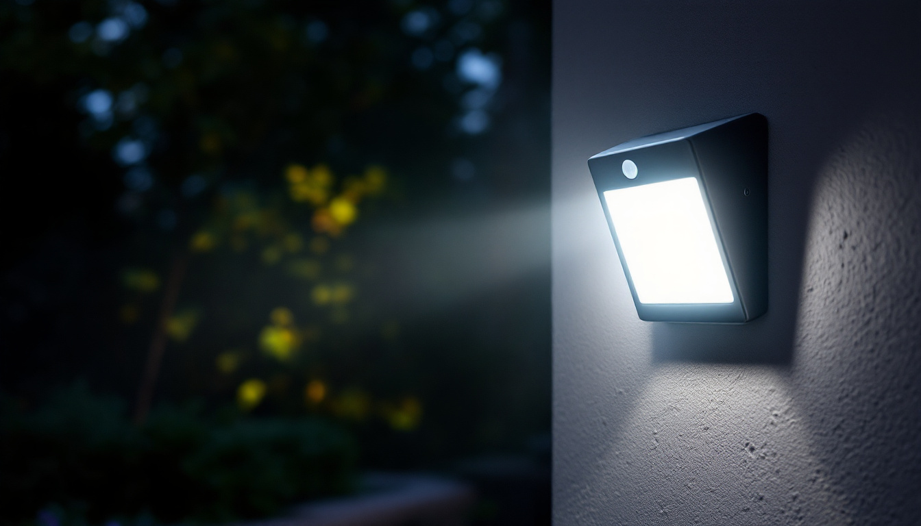 A photograph of a motion sensor security light illuminating a dark outdoor area