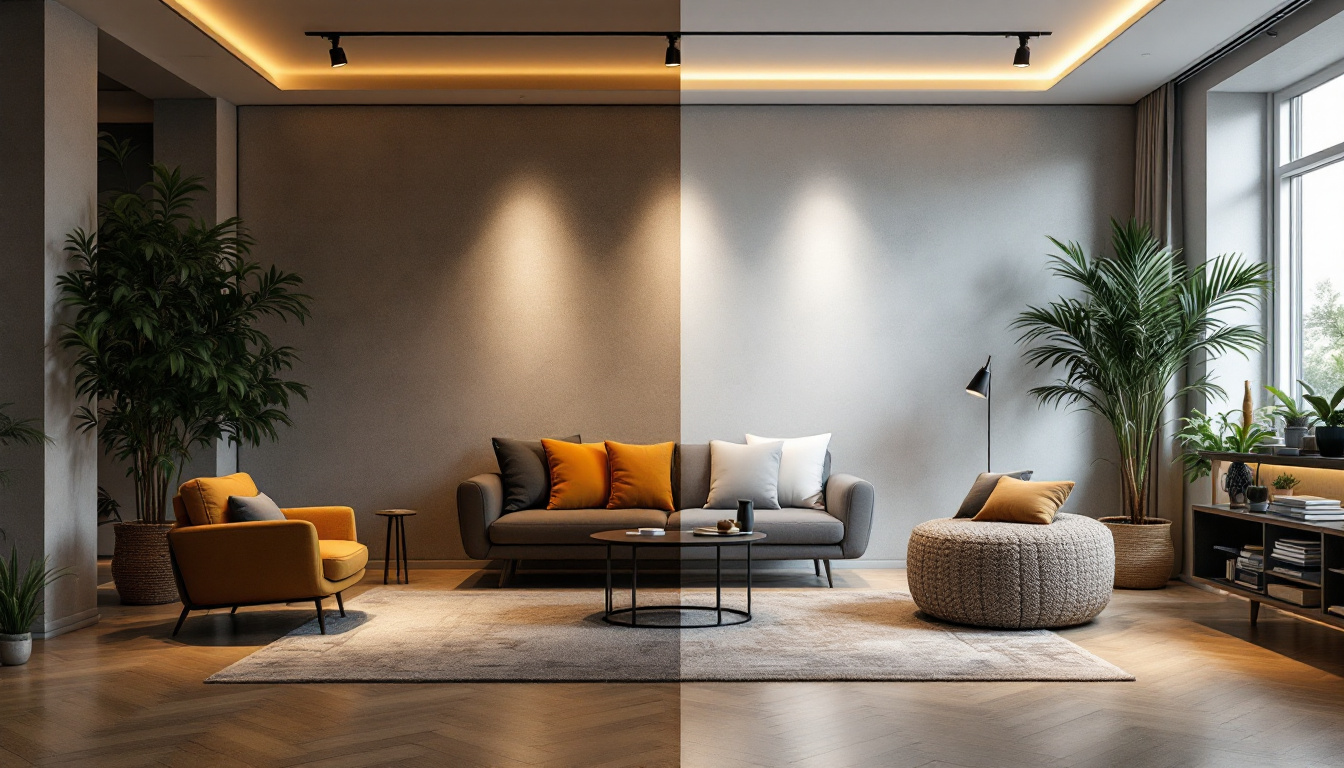 A photograph of a well-lit indoor space showcasing a side-by-side comparison of traditional lighting versus led retrofit lighting