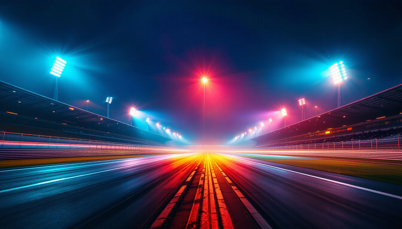 A photograph of a vibrant race track illuminated by starting lights
