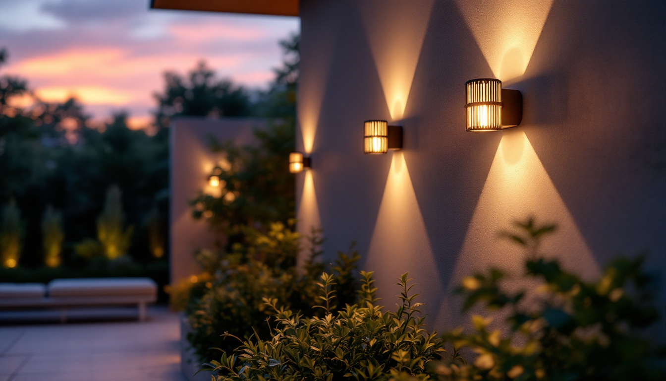 A photograph of a beautifully illuminated outdoor space featuring stylish wall mount light fixtures