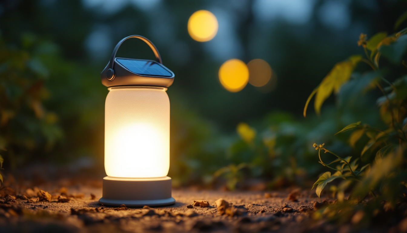 A photograph of capture a photograph of a beautifully designed solar-powered lantern glowing softly in a serene outdoor setting during dusk