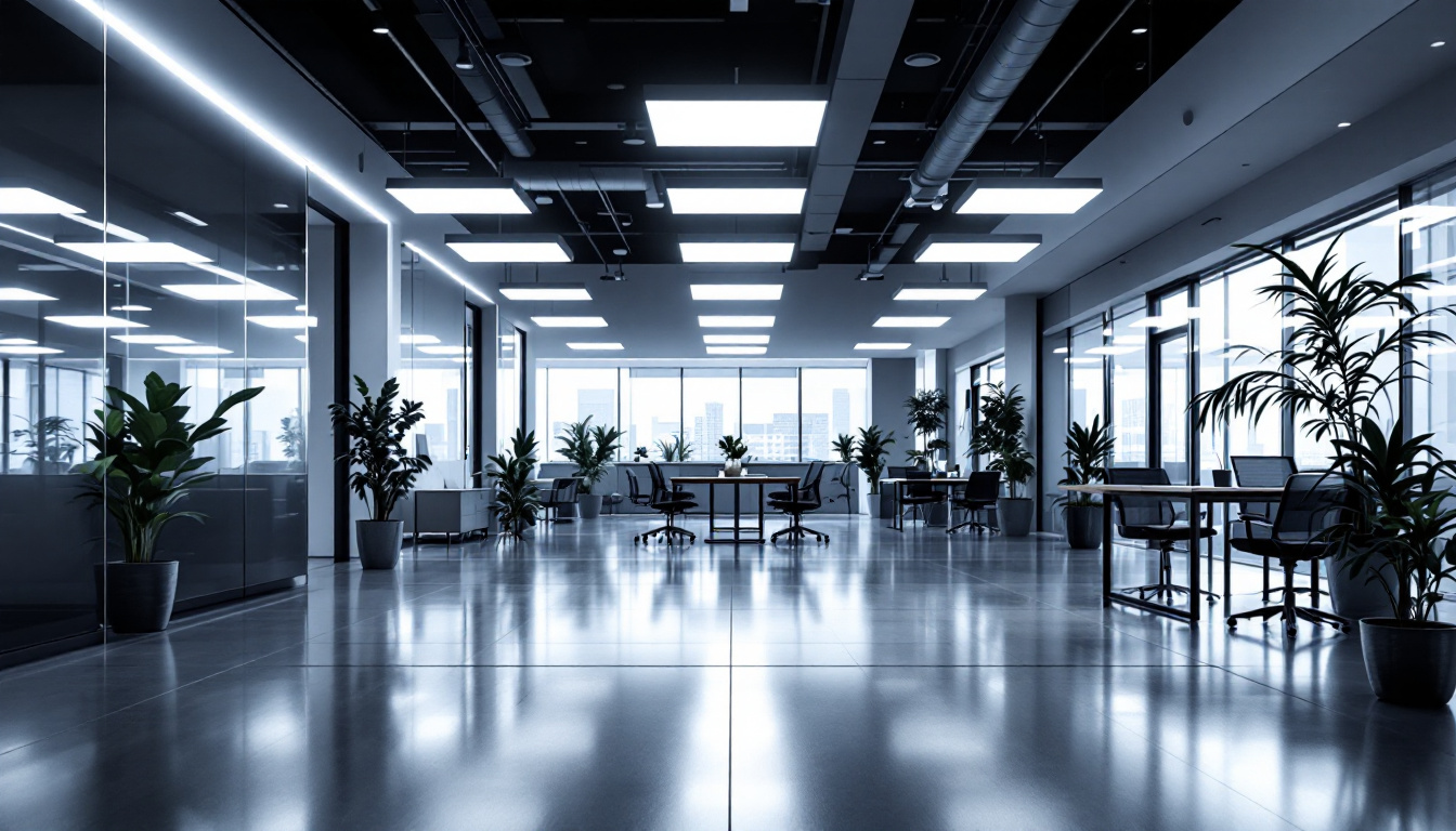 A photograph of a modern office or commercial space illuminated by 2x4 led troffer lights