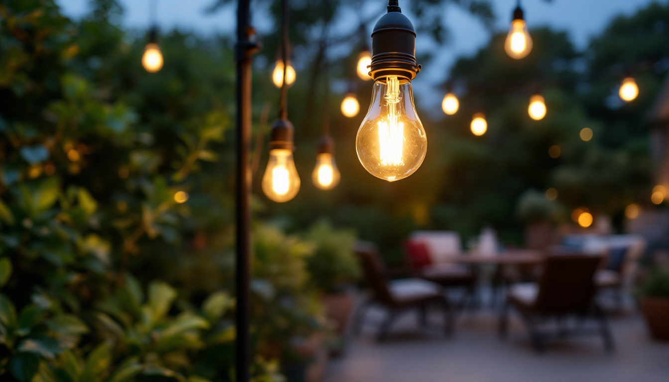 A photograph of a beautifully illuminated outdoor space featuring stylish light bulb sockets in use