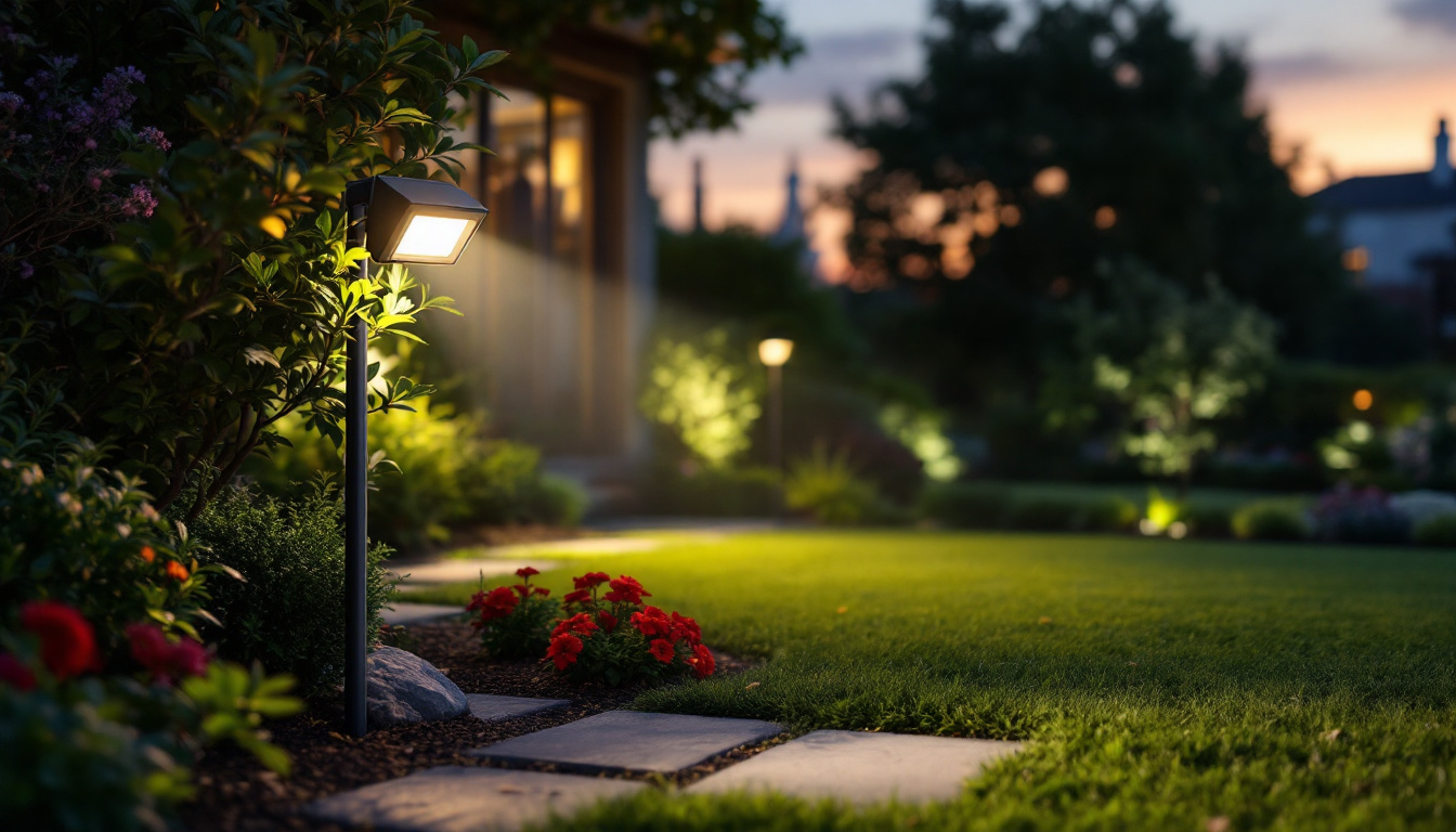 A photograph of a well-lit outdoor setting featuring a high-quality motion sensor flood light in action