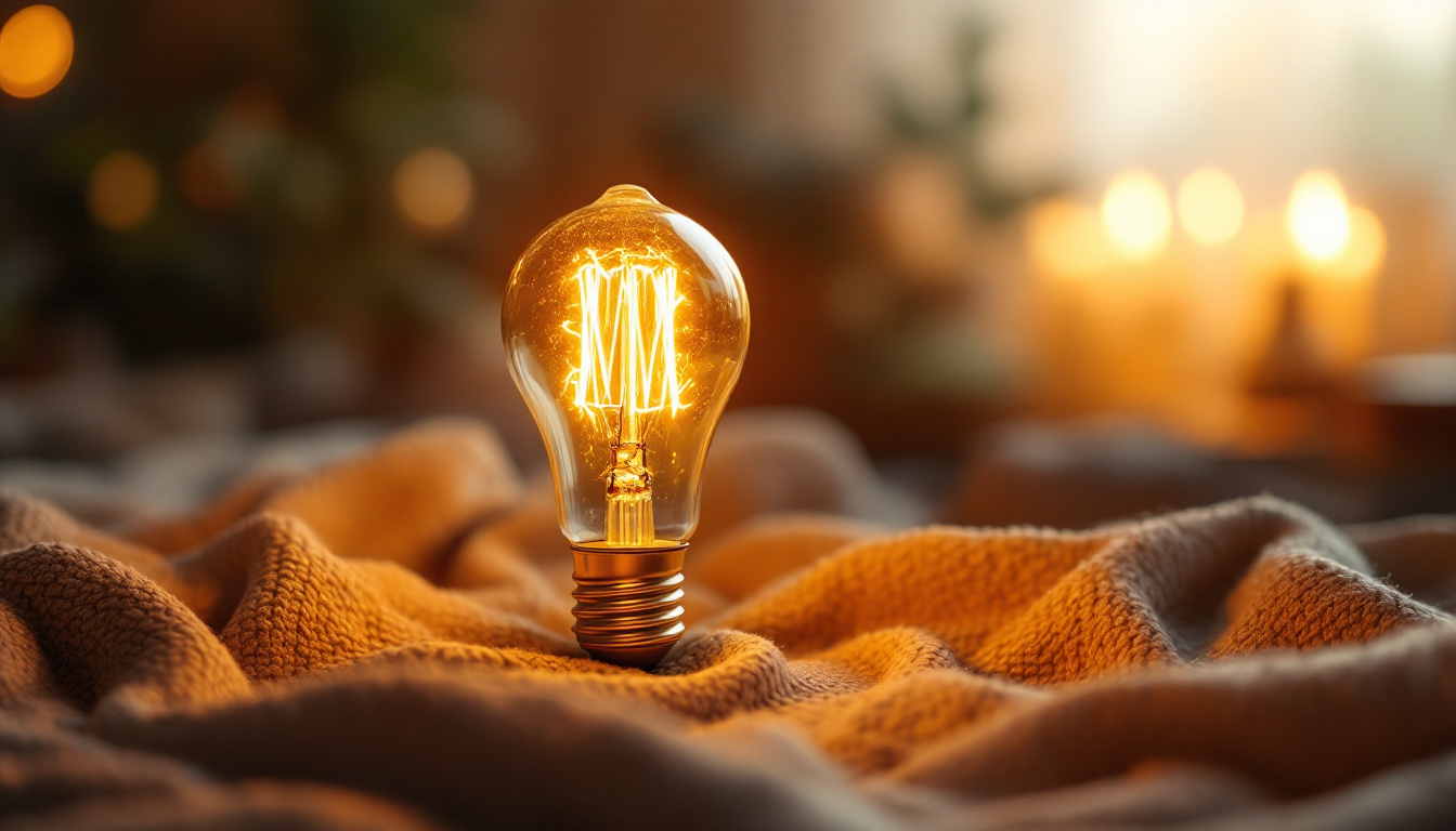 A photograph of a type b light bulb illuminated in a cozy