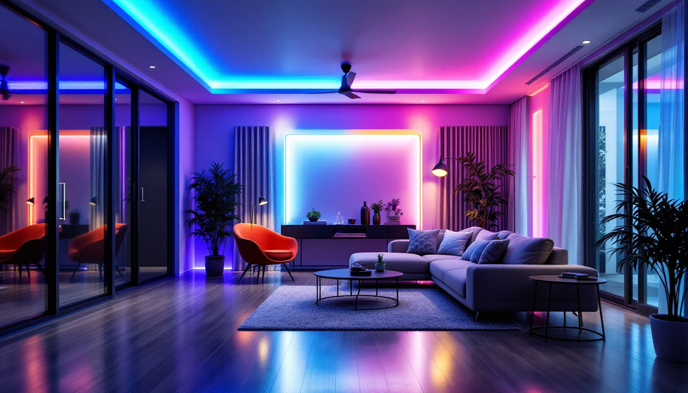 A photograph of a modern residential or commercial space showcasing vibrant led lighting