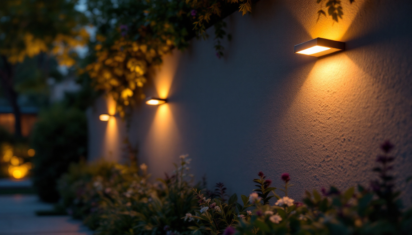 A photograph of a beautifully illuminated outdoor wall adorned with sleek solar lights at dusk