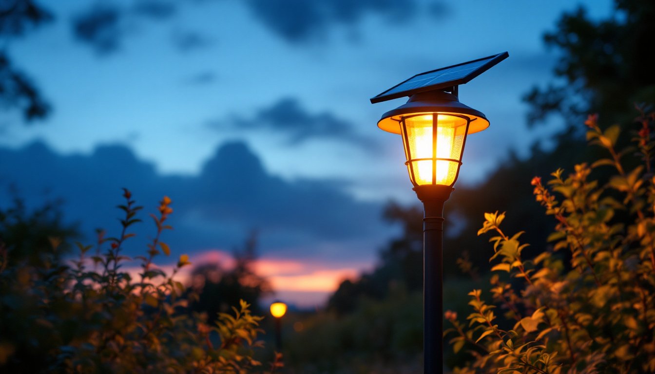 A photograph of a beautifully illuminated solar lamp post in a serene outdoor setting during twilight