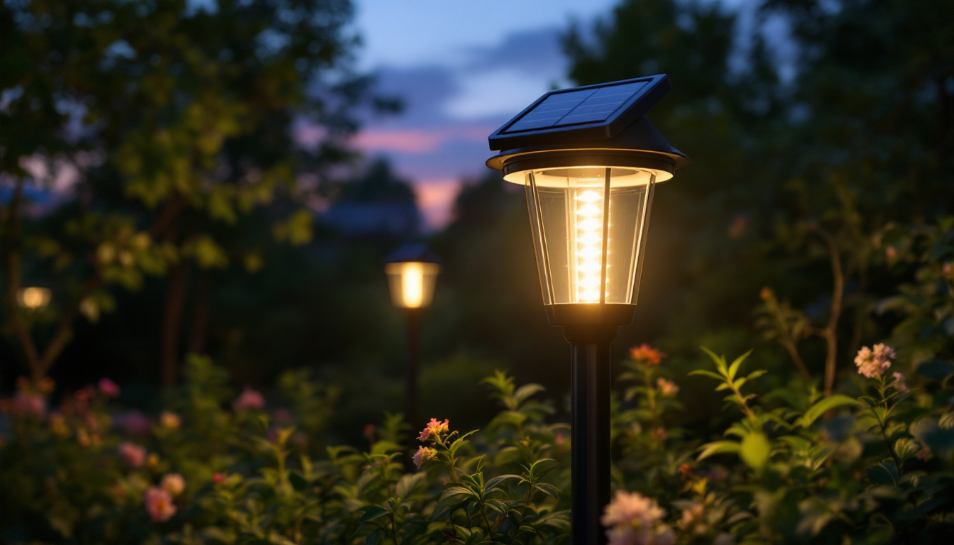A photograph of a beautifully illuminated solar pole lantern in a picturesque outdoor setting