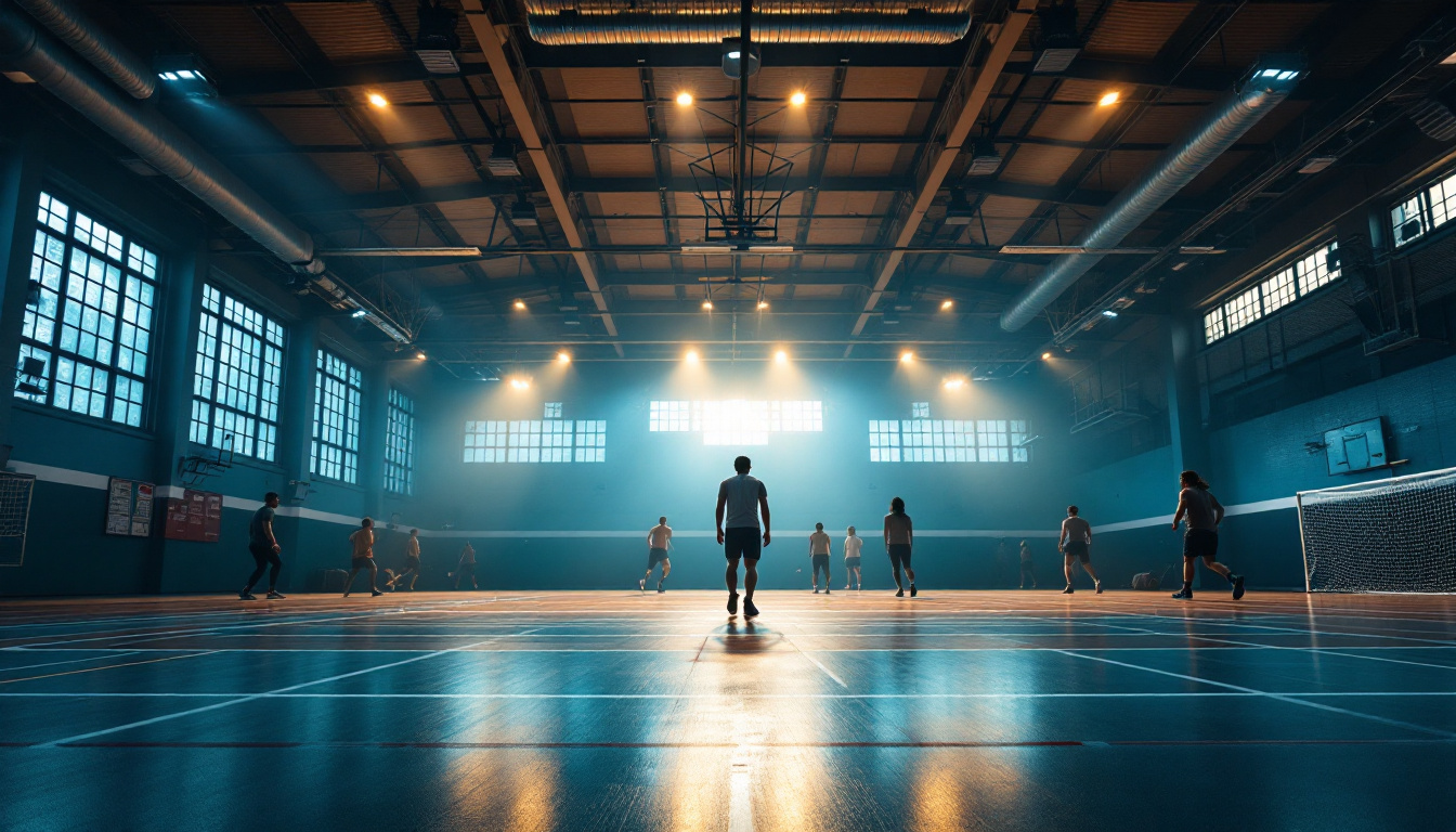 A photograph of a vibrant gymnasium illuminated by a mix of natural and artificial lighting