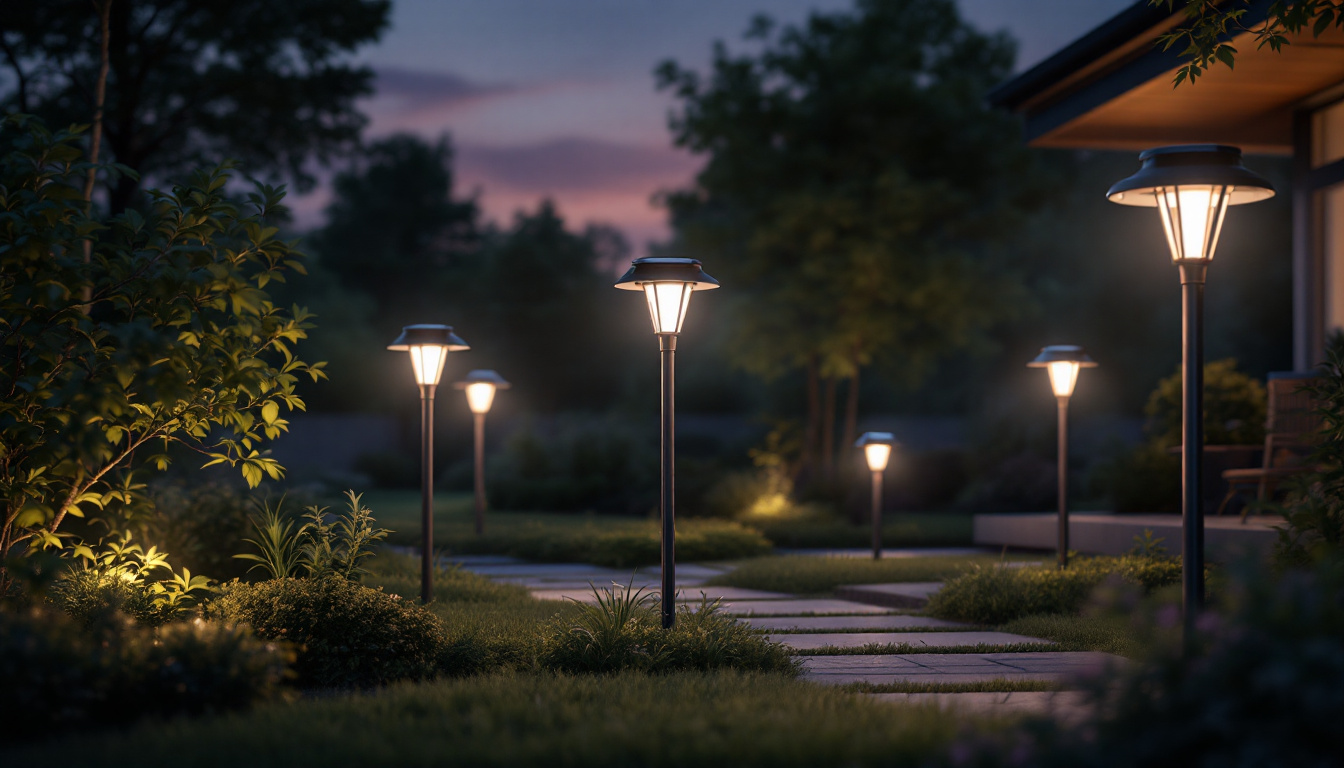 A photograph of a beautifully illuminated outdoor space featuring various styles of solar post lights in use