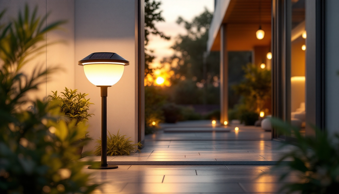 A photograph of a stylish large solar lamp illuminating a contemporary outdoor or indoor space