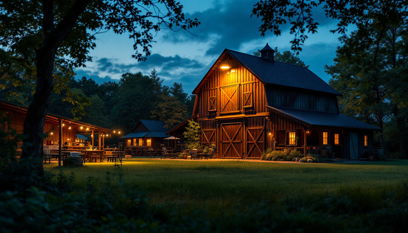 A photograph of a well-lit outdoor barn scene at dusk