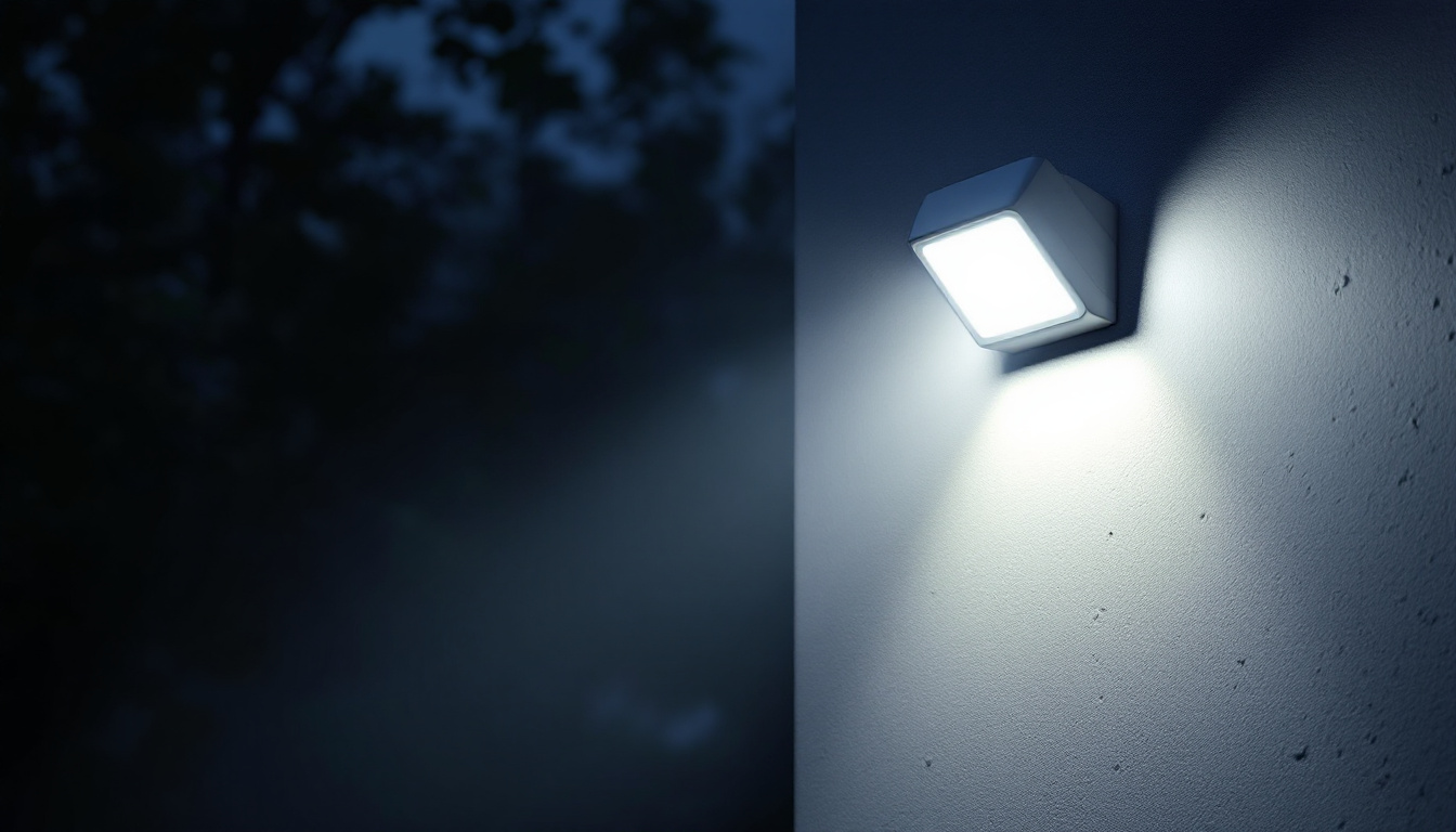 A photograph of a motion security light illuminating a dark outdoor space