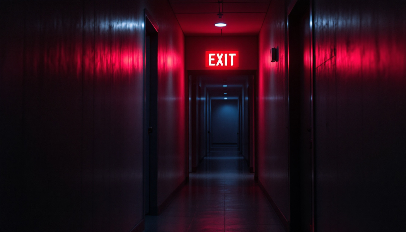 A photograph of capture a photograph of a brightly lit led exit sign in a dimly lit corridor