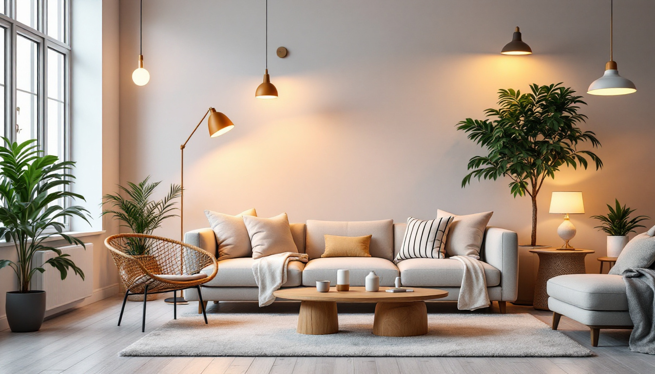 A photograph of a stylishly arranged room featuring a variety of modern discount light fixtures