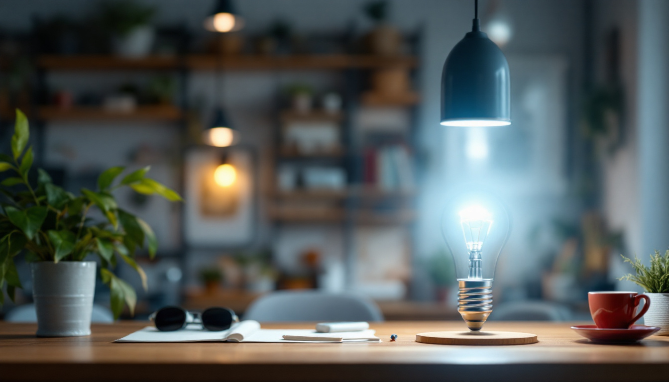 A photograph of a well-lit workspace featuring a 4 ft fluorescent light bulb in use