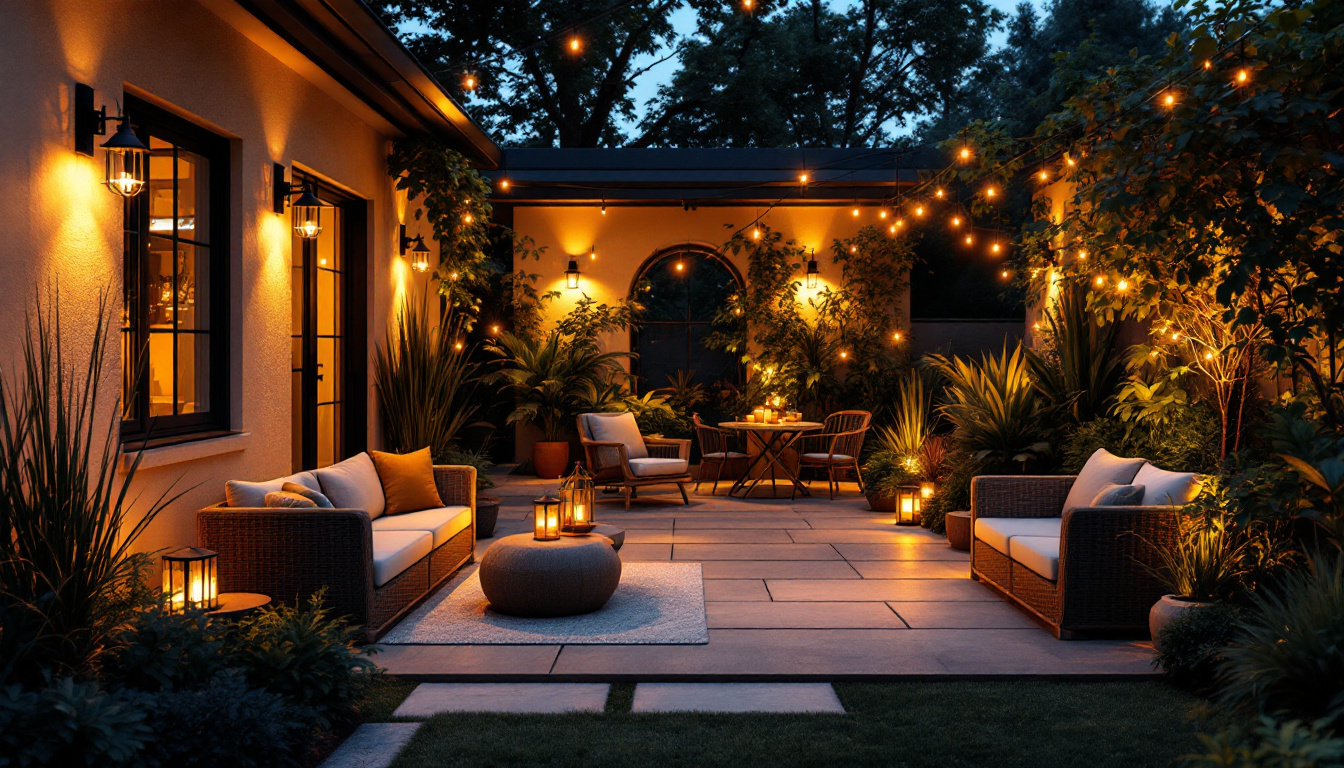 A photograph of a beautifully designed outdoor patio illuminated with energy-efficient lighting