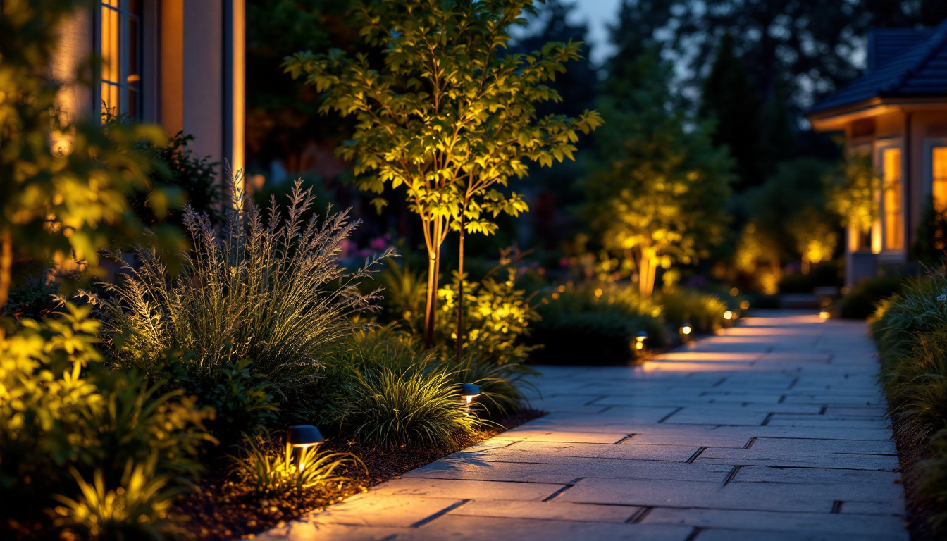 A photograph of a beautifully illuminated outdoor space featuring low voltage led landscape flood lights