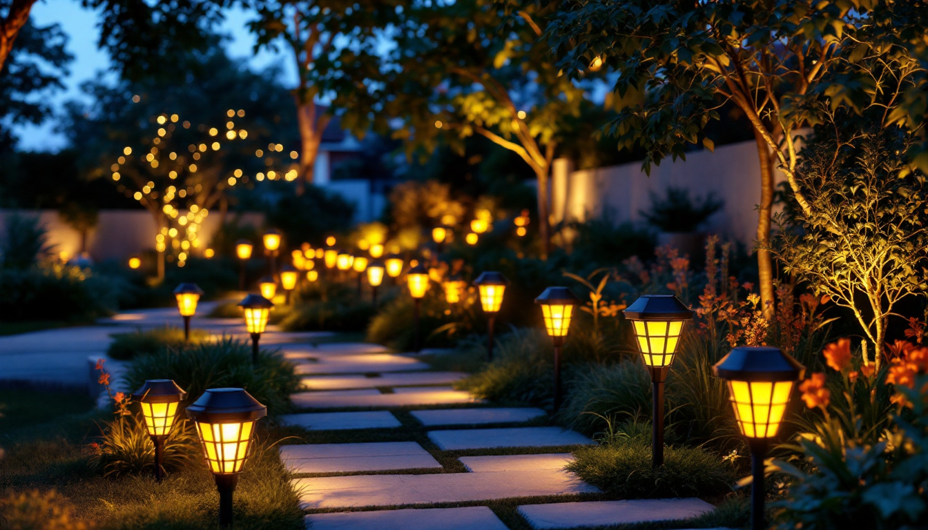 A photograph of a beautifully lit outdoor space featuring various styles of led solar lamps illuminating pathways and garden areas