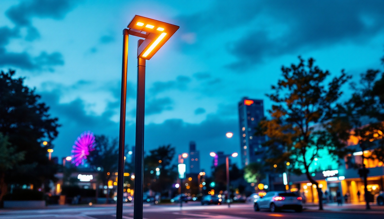 A photograph of a modern street pole light illuminating a vibrant urban setting at dusk