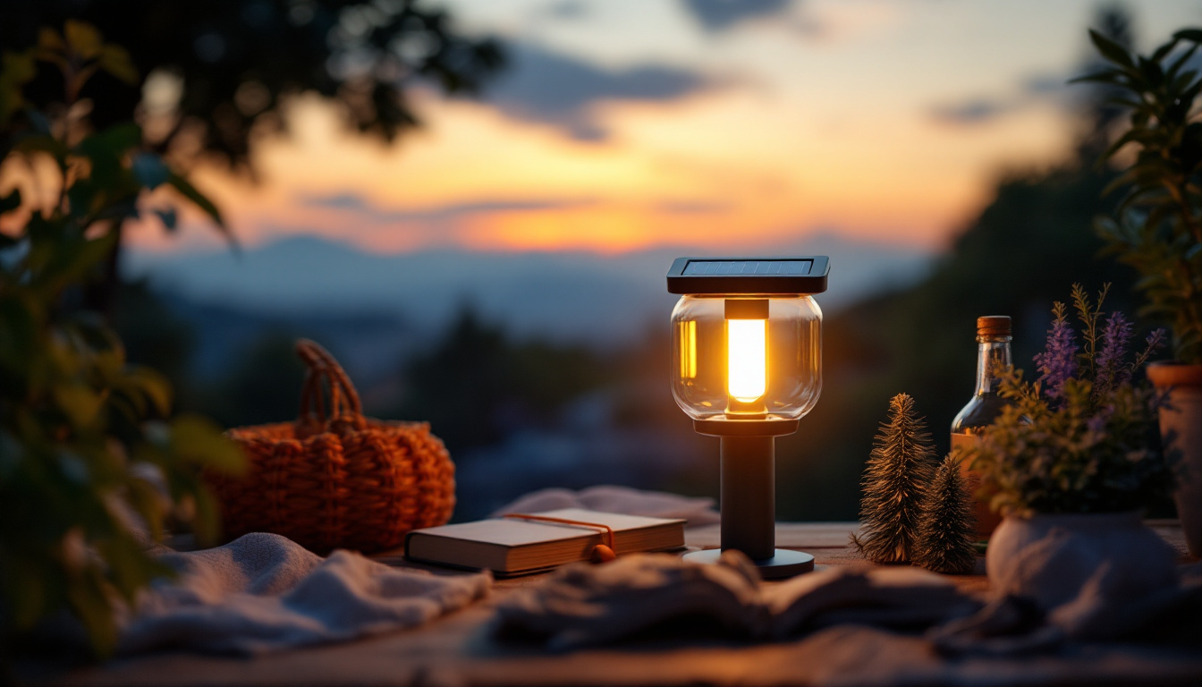 A photograph of a small solar lamp illuminating a cozy outdoor setting at dusk