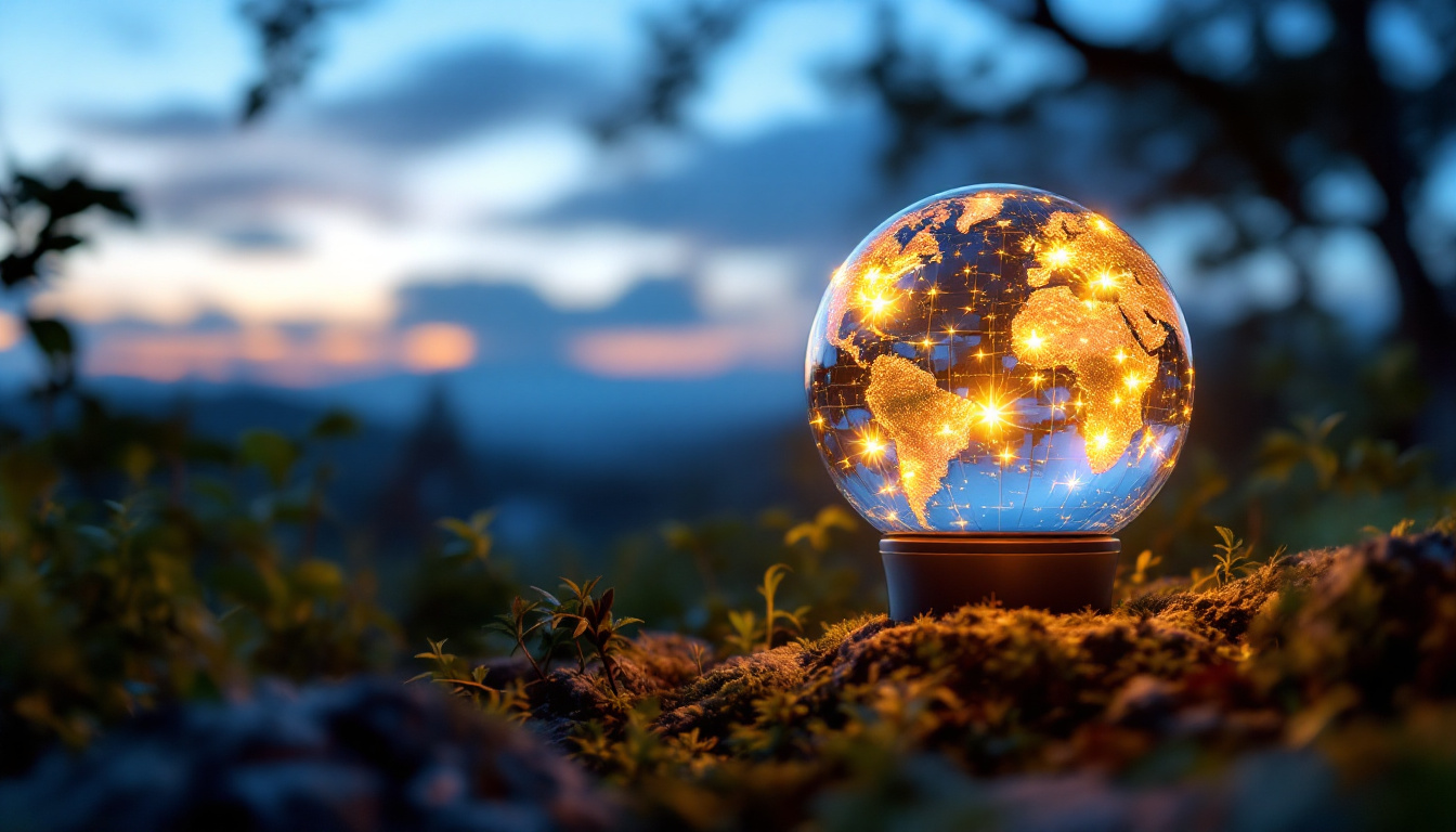 A photograph of a beautifully illuminated solar globe in a serene outdoor setting during twilight