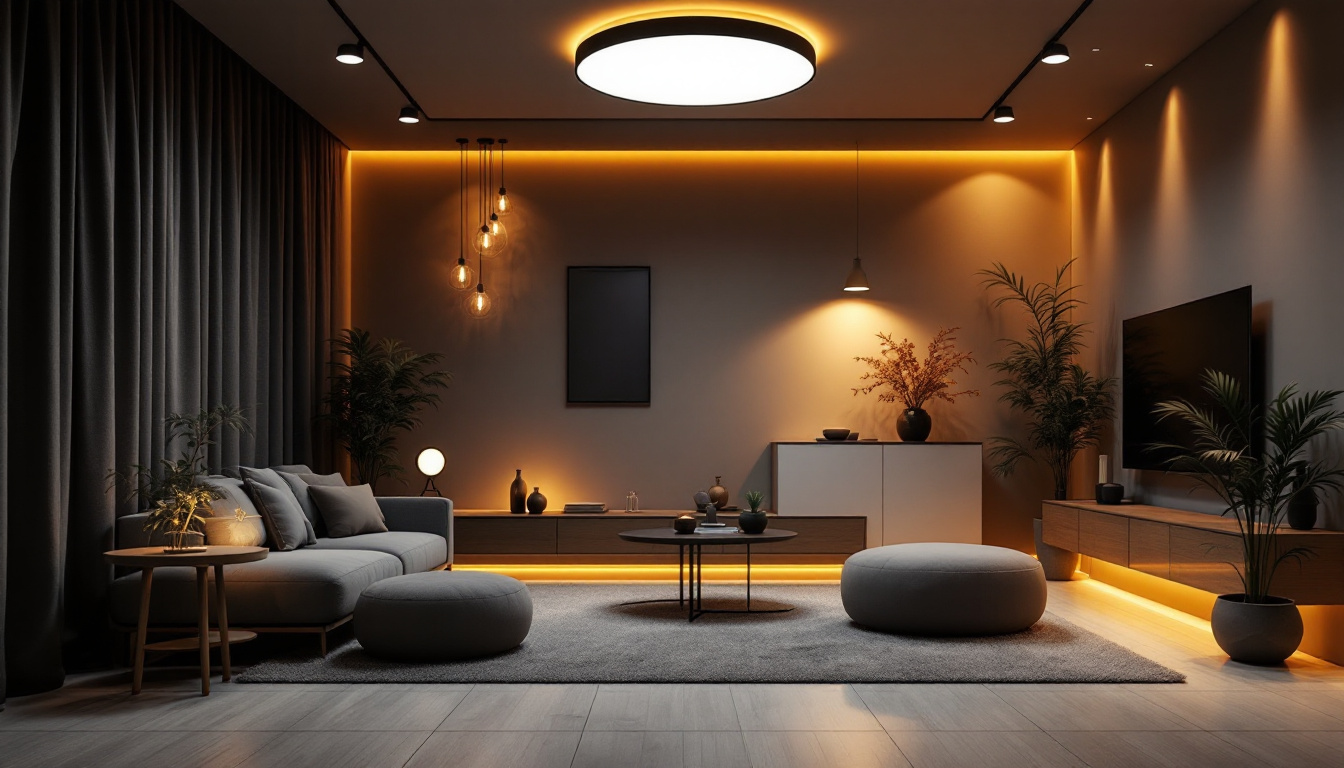 A photograph of a stylish modern living space illuminated by various recessed led lighting fixtures