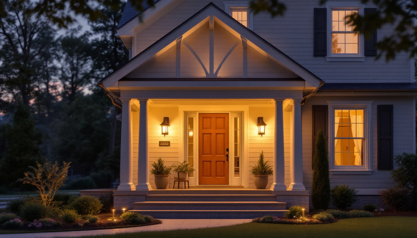 A photograph of a beautifully illuminated porch at dusk