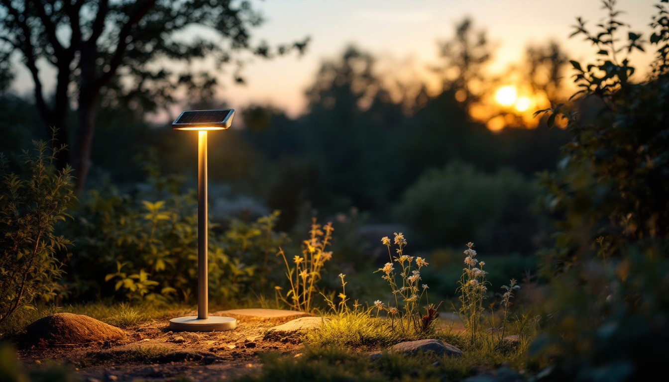 A photograph of a beautifully lit outdoor setting featuring a solar panel lamp in use at dusk