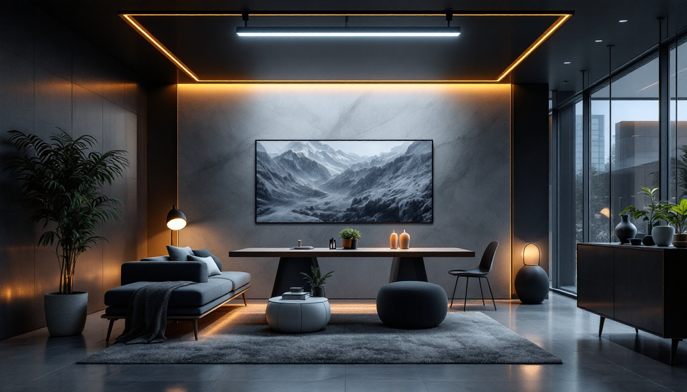A photograph of a modern interior space that prominently features four-foot led lighting