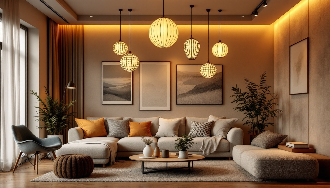 A photograph of a beautifully arranged living space featuring round hanging lights