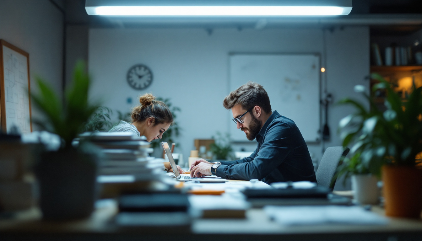 A photograph of a brightly lit workspace featuring a lighted fluorescent tube overhead