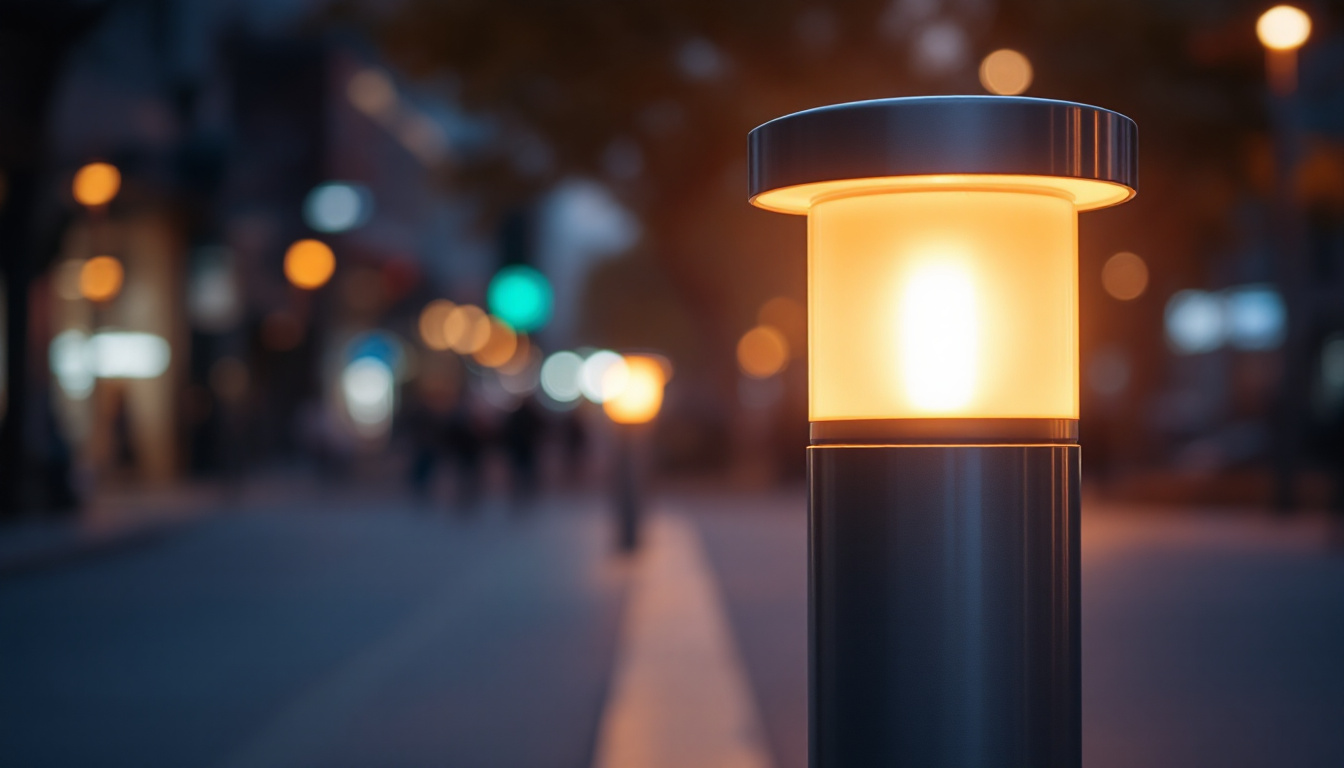 A photograph of a beautifully illuminated light bollard in an urban setting during twilight