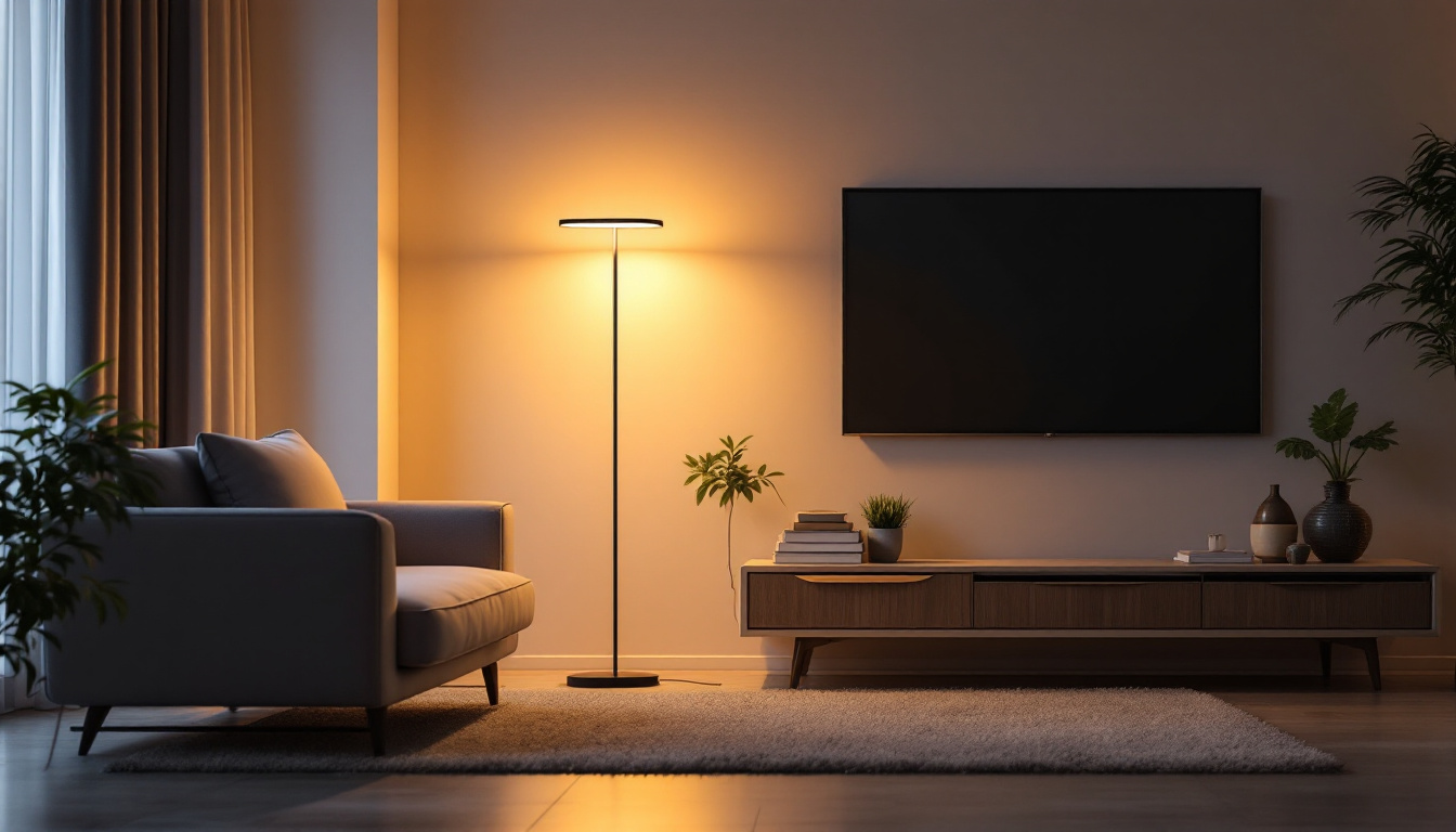 A photograph of a stylishly designed modern living space featuring a sleek 4-foot led lamp as the focal point