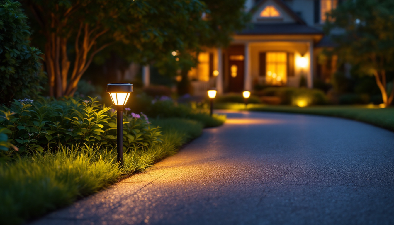 A photograph of a beautifully illuminated driveway at dusk