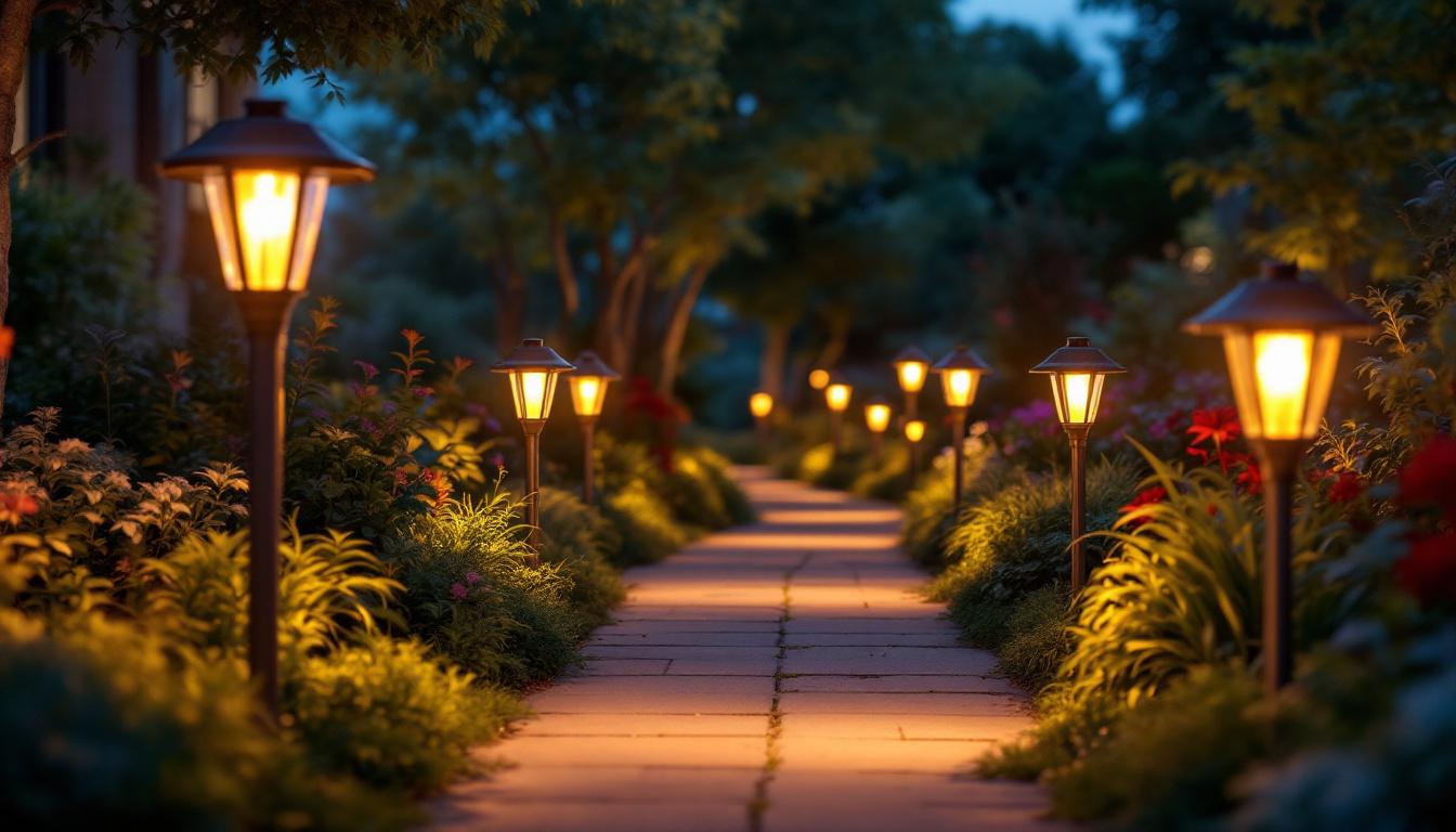 A photograph of a beautifully illuminated garden pathway featuring various solar path lights in a serene evening setting