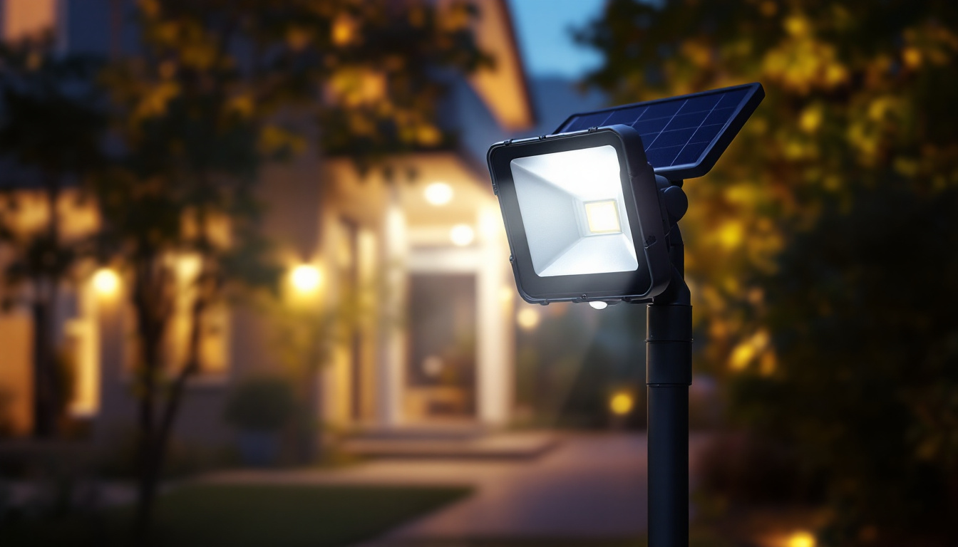 A photograph of a solar-powered floodlight in action at dusk
