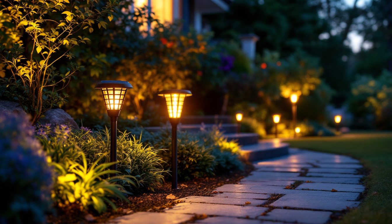 A photograph of a beautifully landscaped outdoor space illuminated by stylish led solar lights