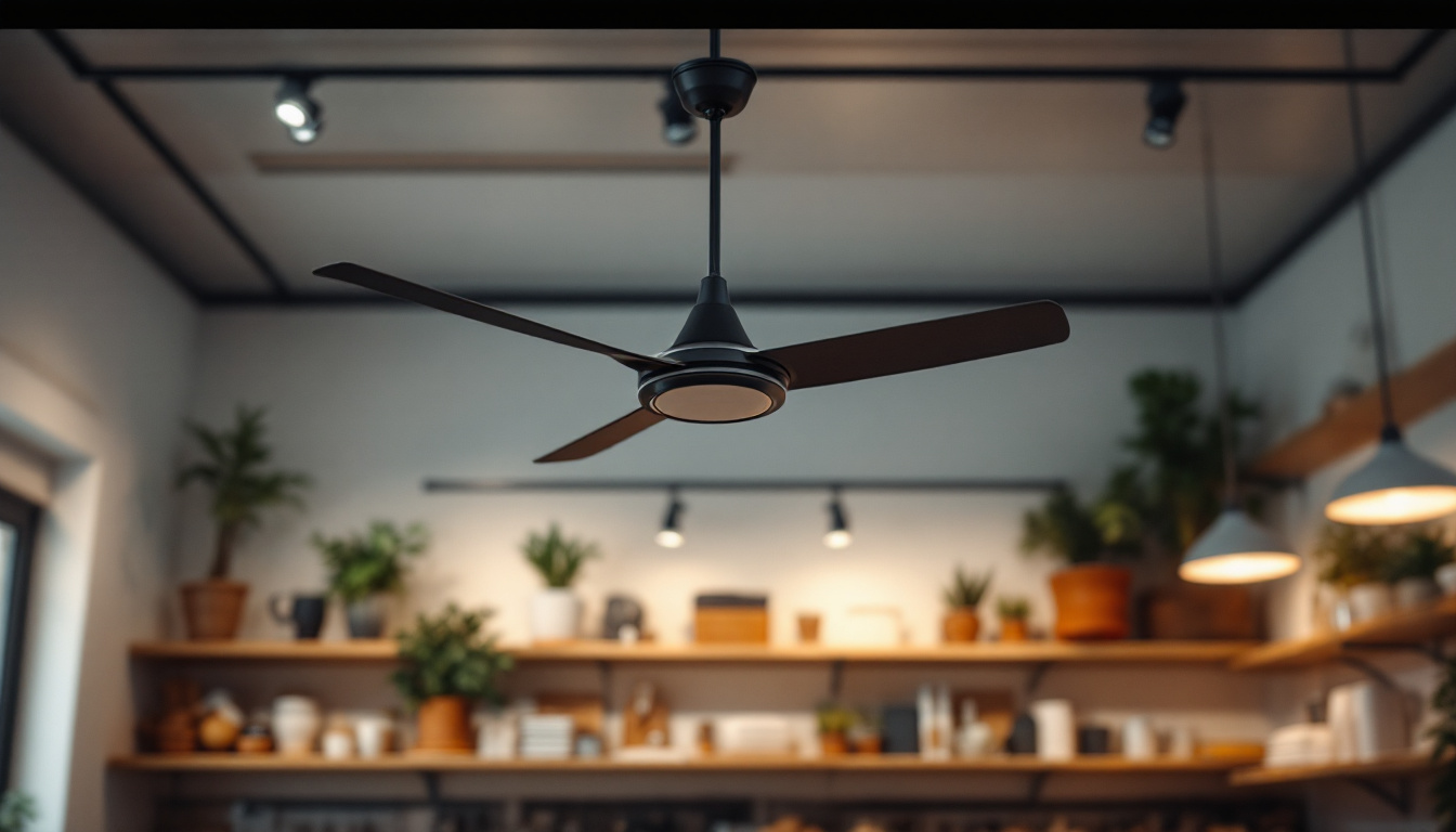 A photograph of a well-lit shop interior featuring a stylish ceiling fan in action