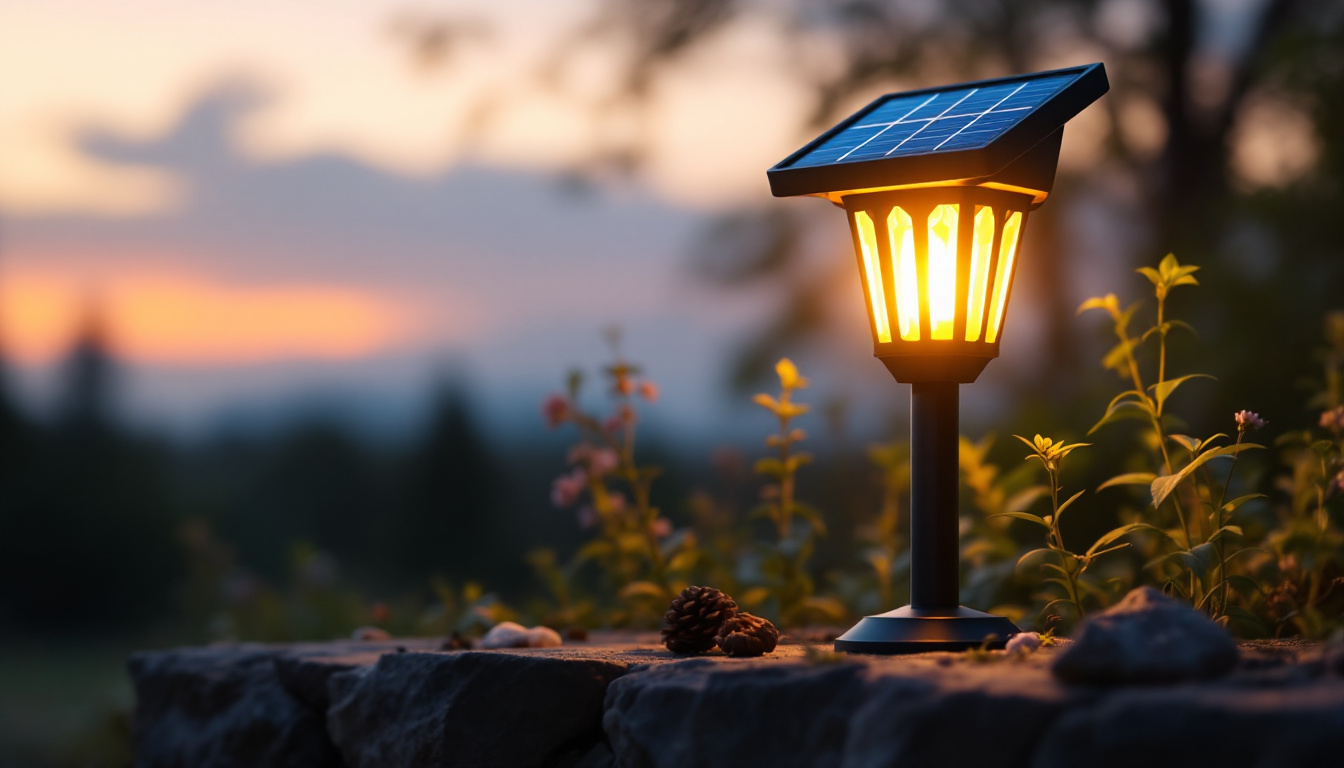 A photograph of a solar panel lamp illuminated in a serene outdoor setting during twilight